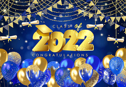 Toile de fond fond de paillettes bleu et doré 2022 décorations de fête de remise des diplômes SBH0103