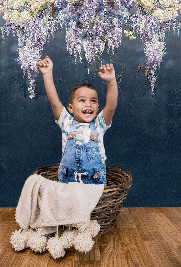 Toile de fond bleu foncé belles branches de lilas en fleurs bleu grunge mur fleurs pour le studio photo SBH0066