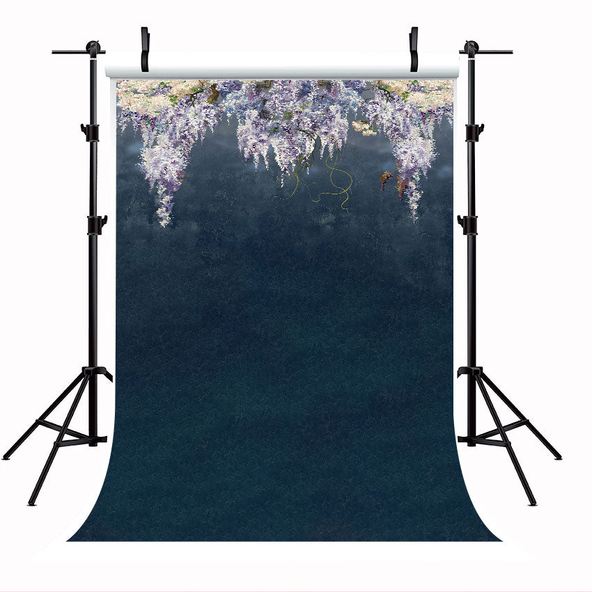 Toile de fond bleu foncé belles branches de lilas en fleurs bleu grunge mur fleurs pour le studio photo SBH0066