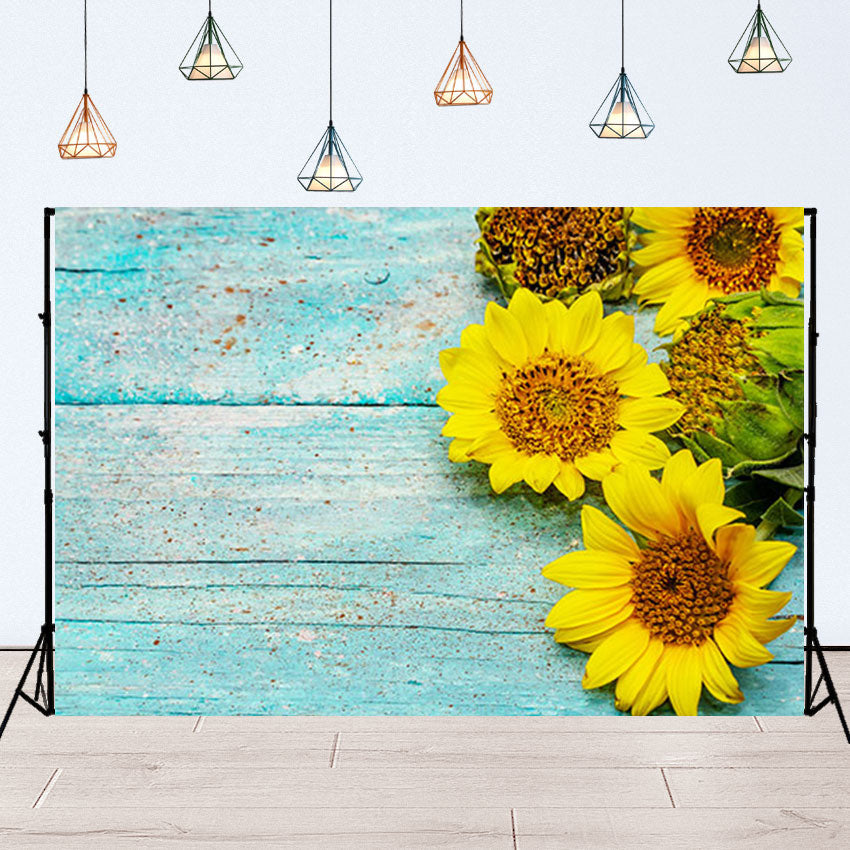 Toile de fond de tournesols sur des planches en bois turquoise SBH0123