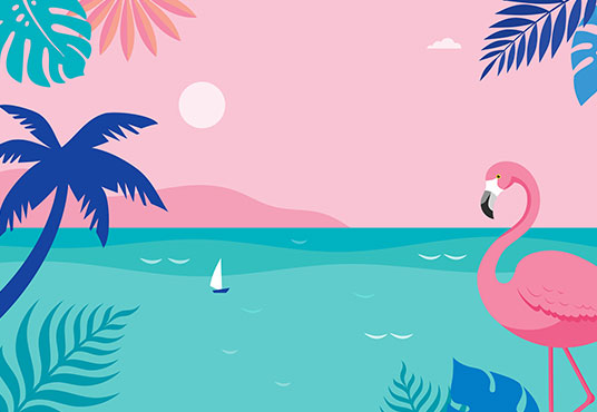Toile de fond de paysage panoramique de la mer et de la plage de flamant rose SBH0125