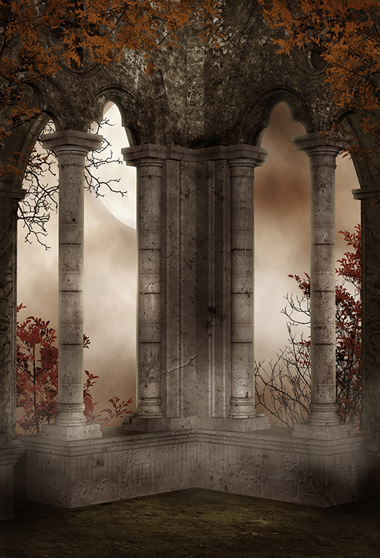 Toile de fond de de château ruines avec feuilles rouges pour la photographie SBH0254