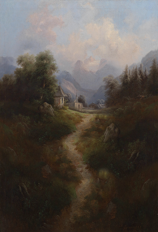 Toile de fond de peinture à l'huile de vallée de montagne pour la photo SBH0457