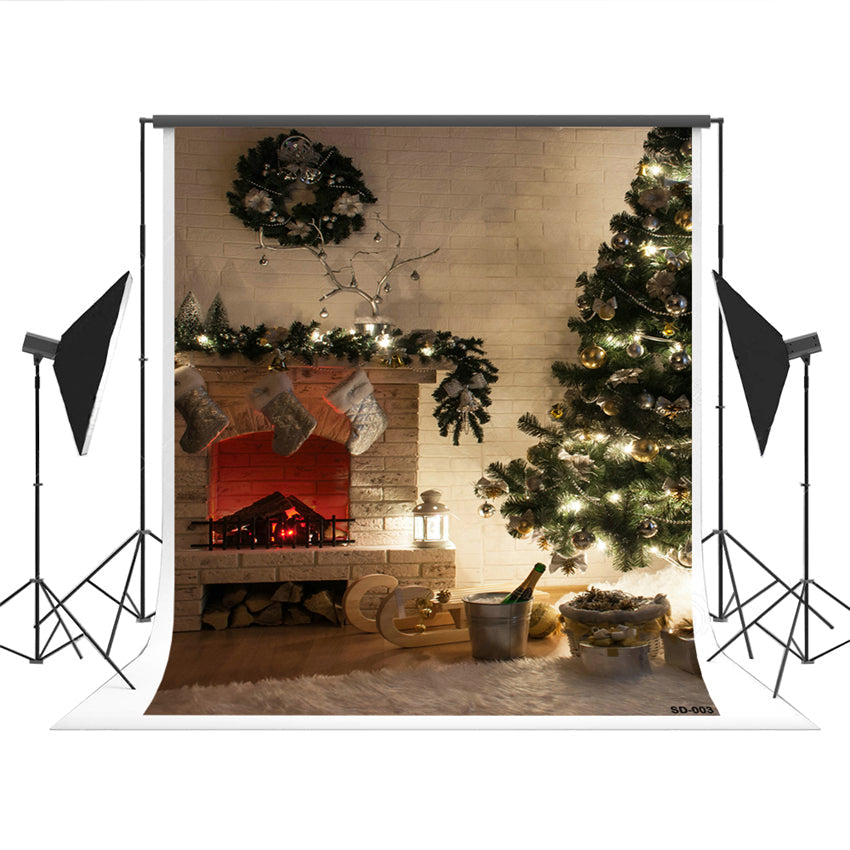 Toile de fond décors de photographie de mur de cheminée de brique blanche de Noël