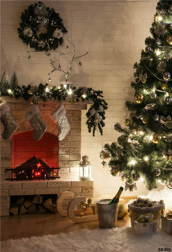 Toile de fond décors de photographie de mur de cheminée de brique blanche de Noël