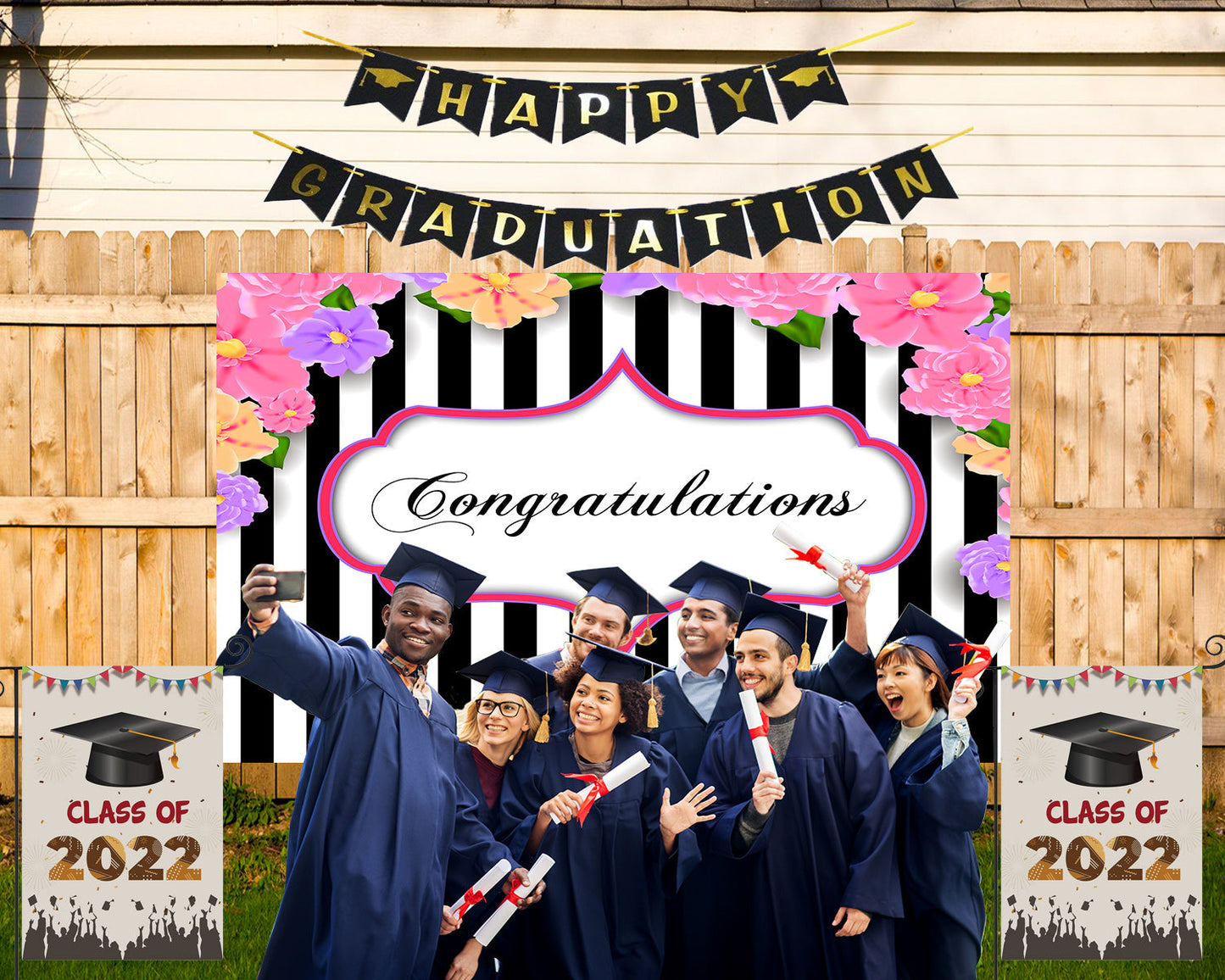 Toile de fond de célébration de remise des diplômes à rayures noires et blanches TKH1847