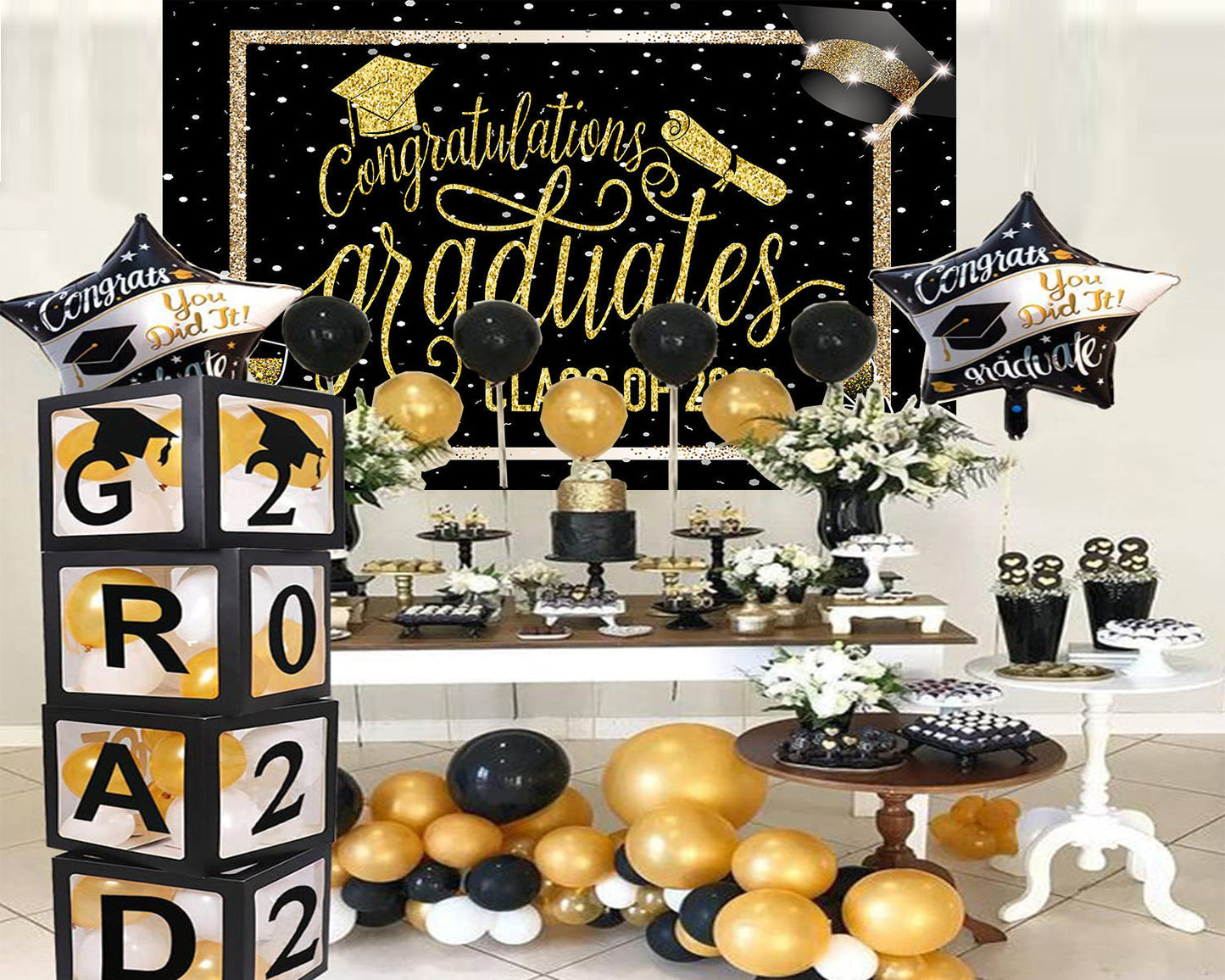 Toile de fond de fête de remise des diplômes noir et or félicitations de photographie 2022 félicitations TKH1853