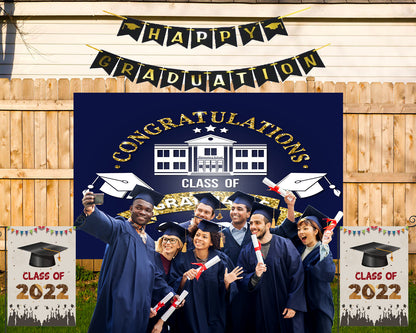 Toile de fond de remise des diplômes pour la photographie bleu foncé félicitations grad classe of 2022 TKH1856