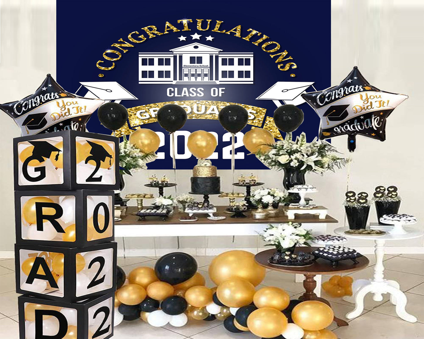 Toile de fond de remise des diplômes pour la photographie bleu foncé félicitations grad classe of 2022 TKH1856