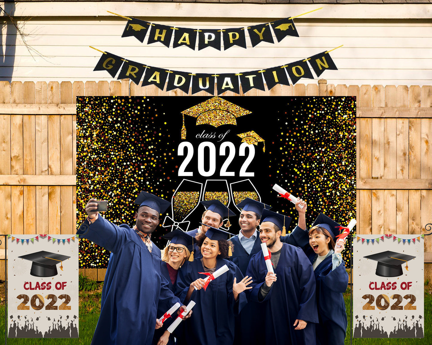 Toile de fond de fête de remise des diplômes 2022 champagne or paillettes pour la photographie TKH1874