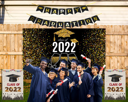 Toile de fond de fête de remise des diplômes 2022 champagne or paillettes pour la photographie TKH1874