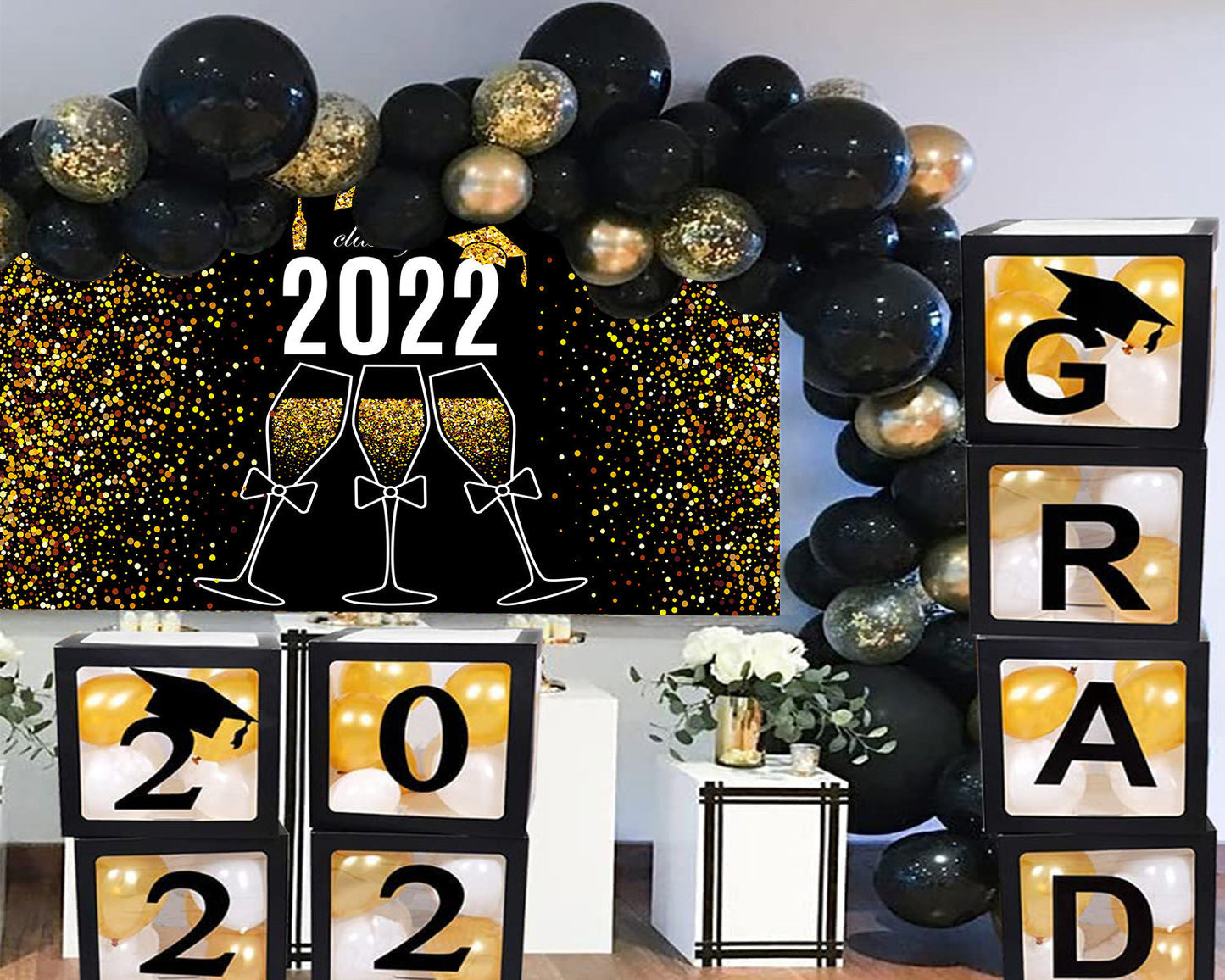 Toile de fond de fête de remise des diplômes 2022 champagne or paillettes pour la photographie TKH1874