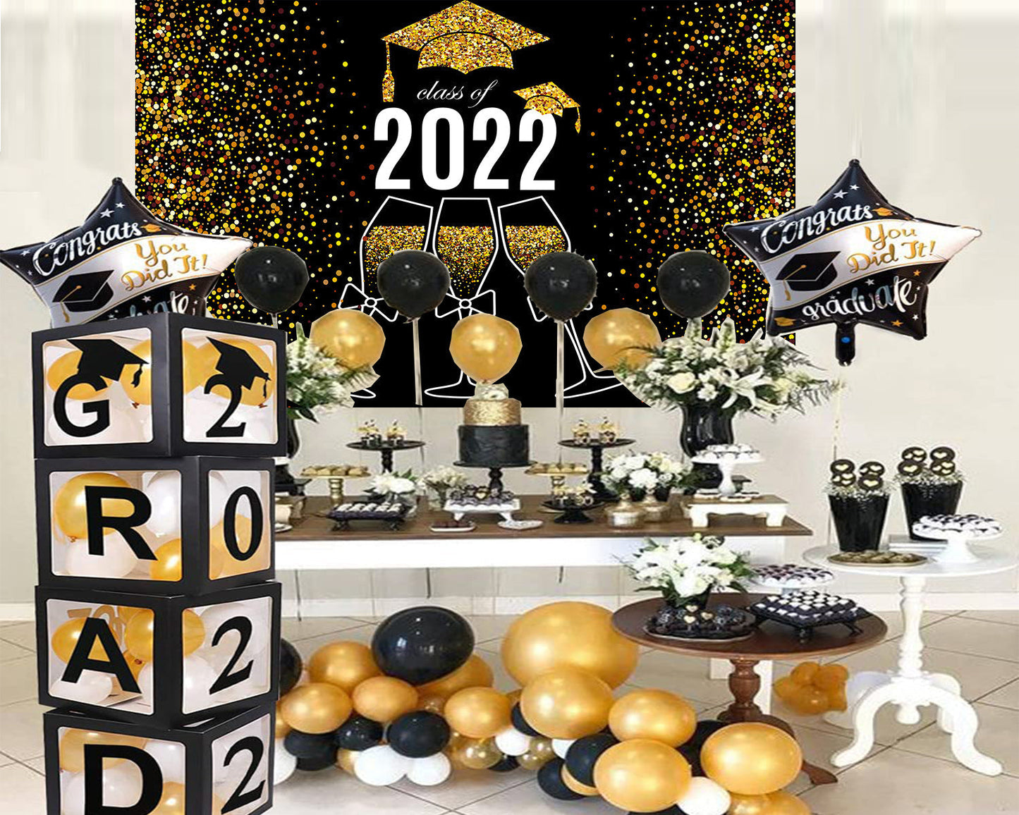 Toile de fond de fête de remise des diplômes 2022 champagne or paillettes pour la photographie TKH1874