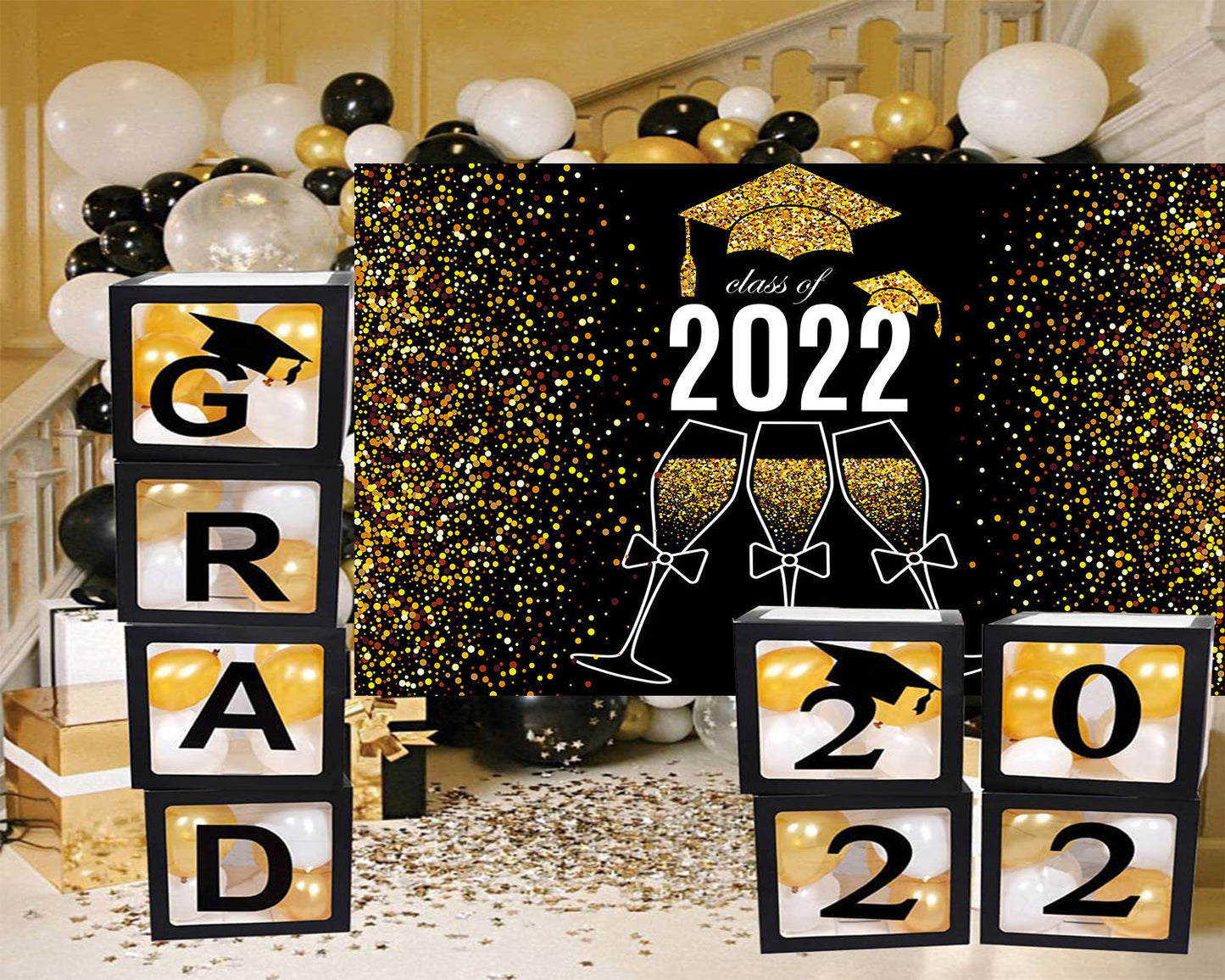 Toile de fond de fête de remise des diplômes 2022 champagne or paillettes pour la photographie TKH1874