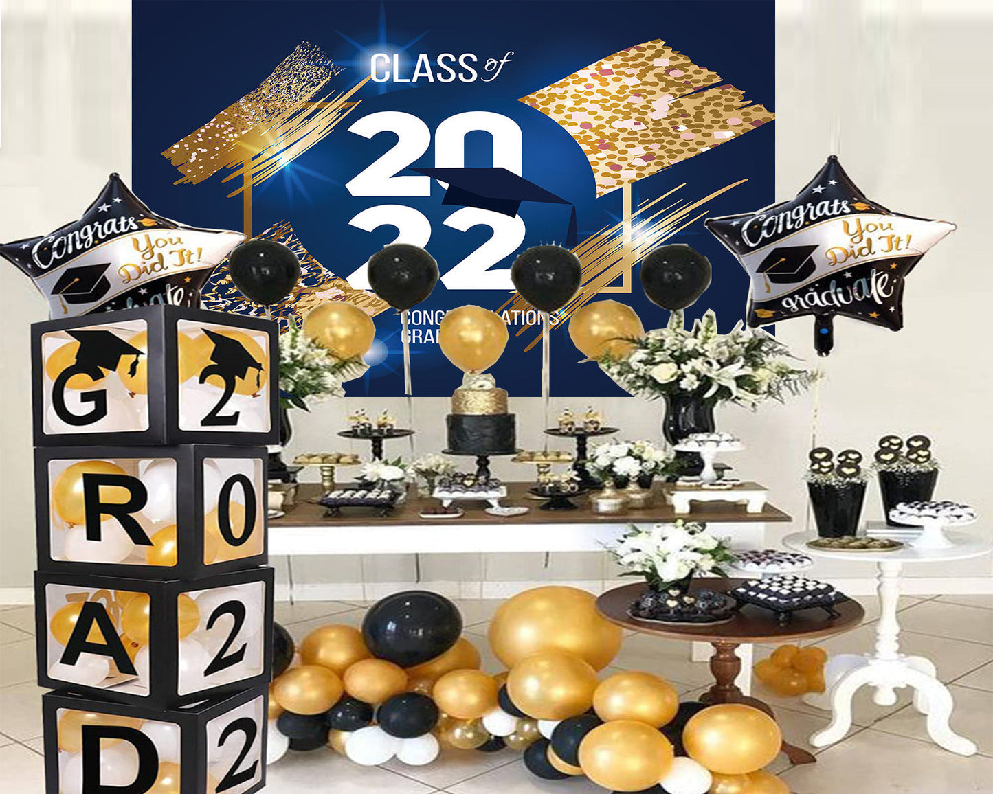 Toile de fond de graduation bleu foncé félicitations classee de 2022 fond de photographie TKH1875