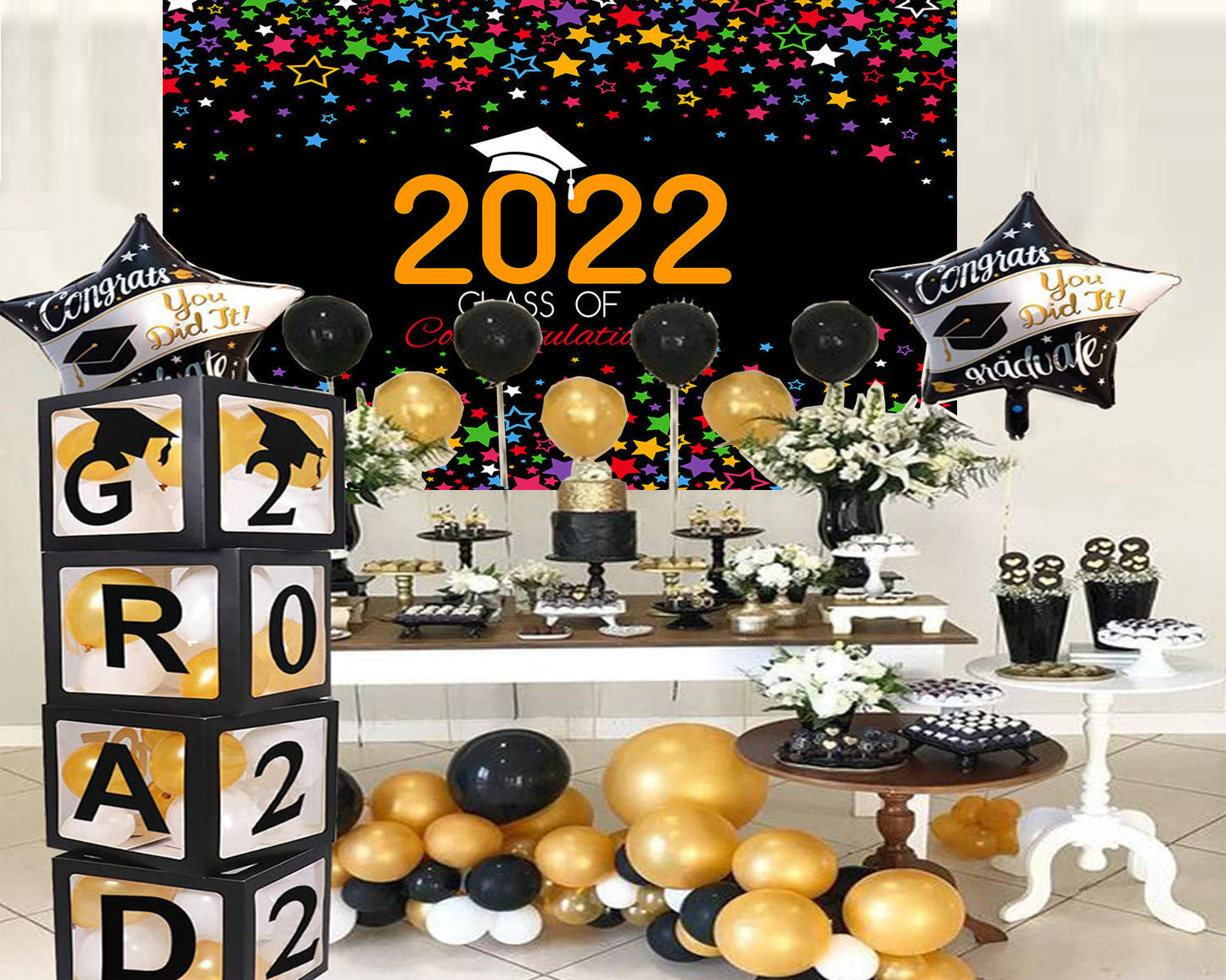 Toile de fond décorations de remise des diplômes d'étoiles colorées 2022 pour le studio photo de photographie TKH1878